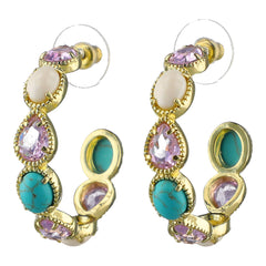 Gold hoop earrings with colorful gemstones on a white background
