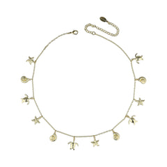 Necklace with various charms including stars, shells, and turtles on a white background