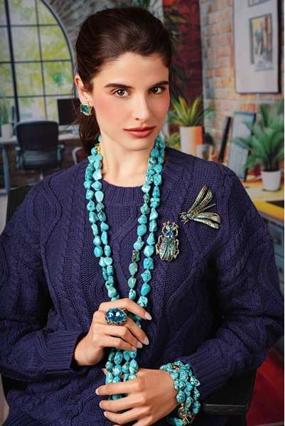 Heidi Daus Wings of Wisdom dragonfly brooch styled with turquoise jewelry for fall