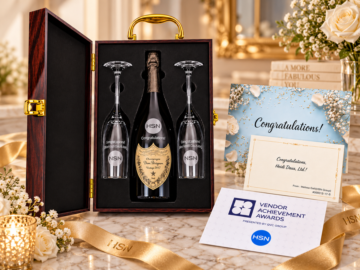 Heidi Daus HSN Vendor Achievement Award celebration presentation with champagne and commemorative glasses