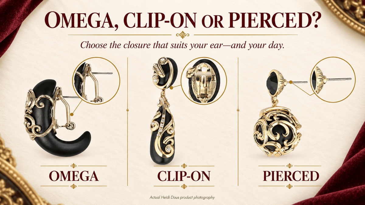 Omega, clip-on and pierced earring closure guide using Rooted Elegance earrings