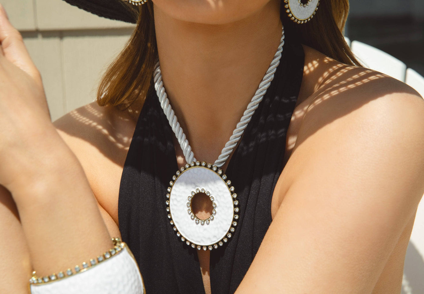 Heidi Daus®"Hammered Disc" Enamel & Crystal Cord Enhancer Necklace HEIDI DAUS®