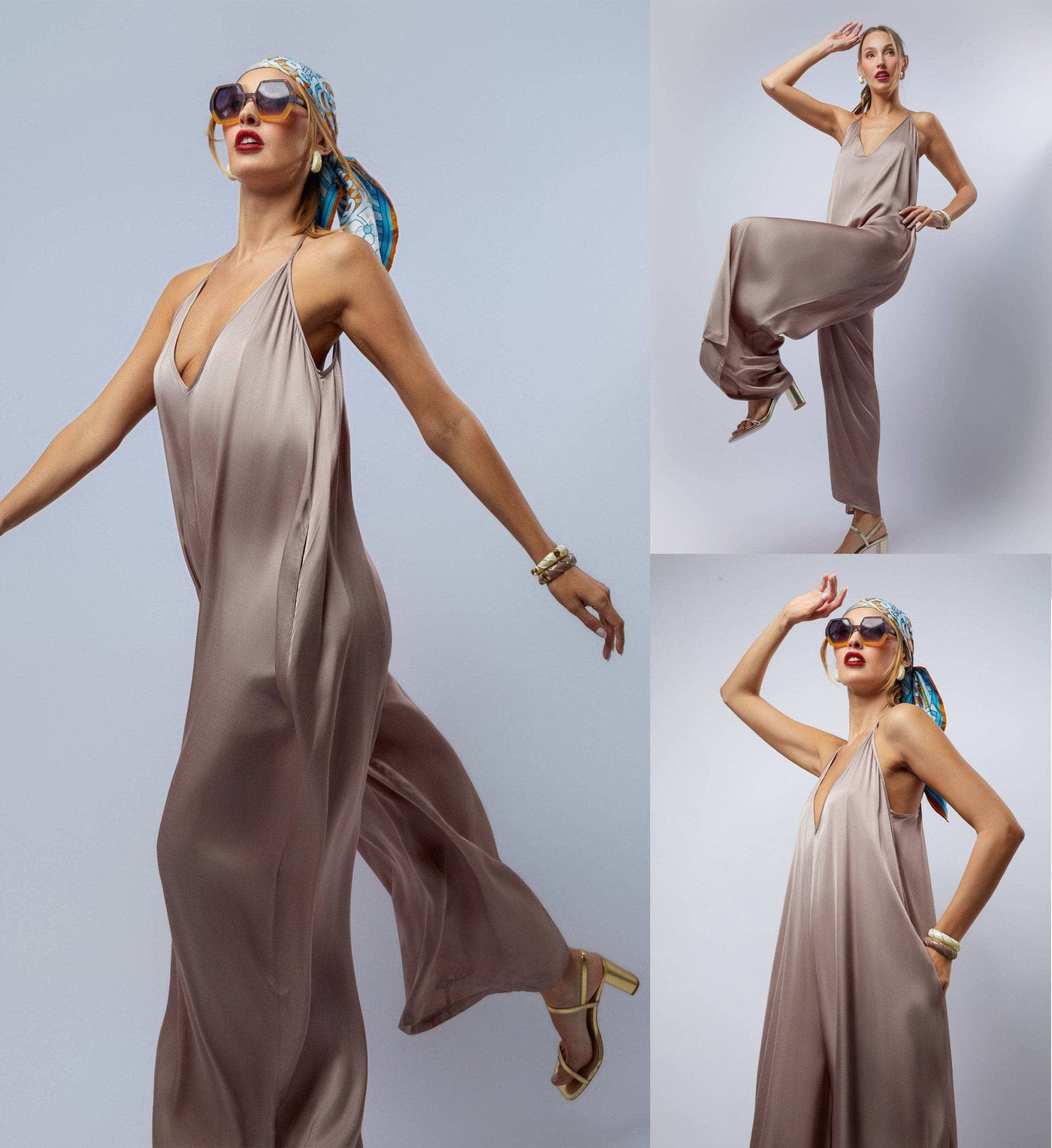 Woman wearing a flowing beige jumpsuit against a light gray background