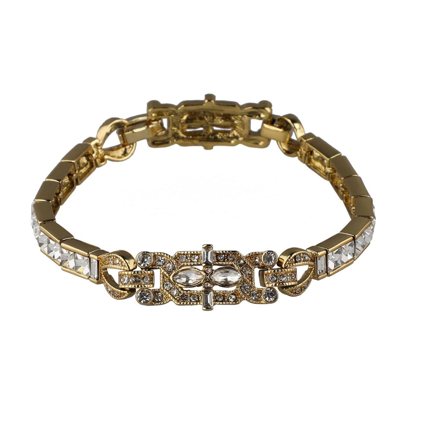 Gold bracelet with crystal accents on a white background