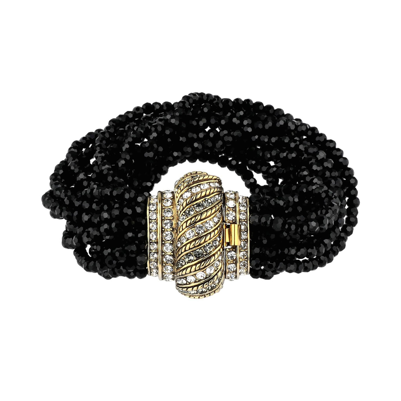 Black beaded bracelet with a gold and silver clasp on a white background