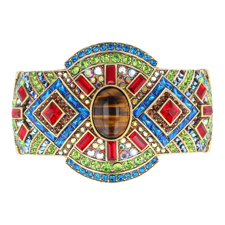 Multicolored gemstone belt buckle on a white background