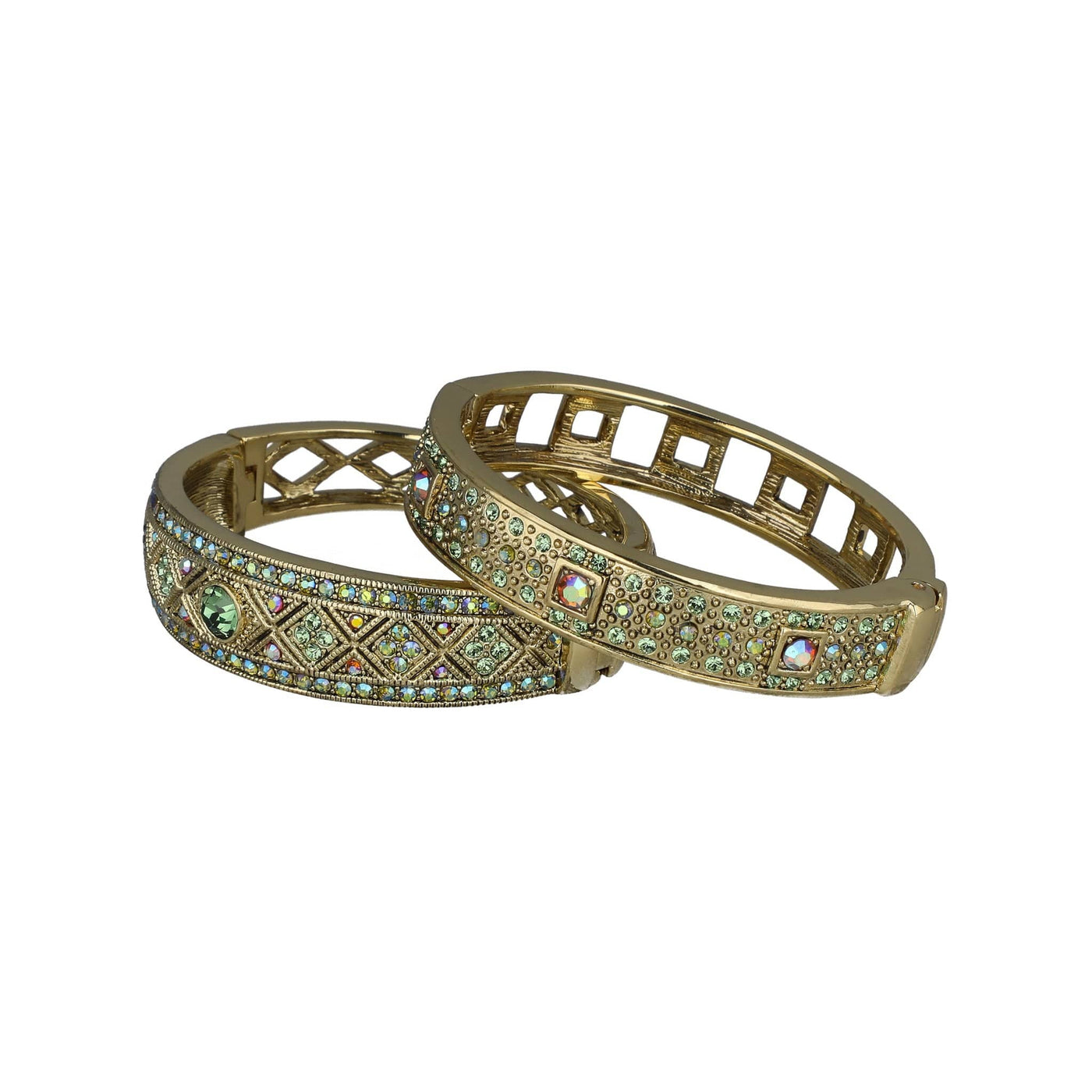 Gold bangles with gemstone accents on a white background. daily double bracelet set by heidi daus