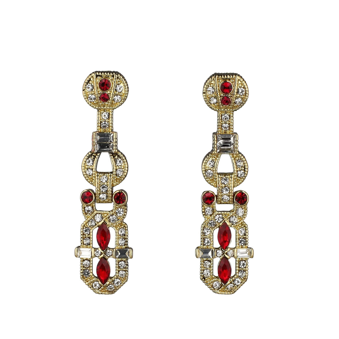 Pair of gold earrings with red and clear gemstones on a white background