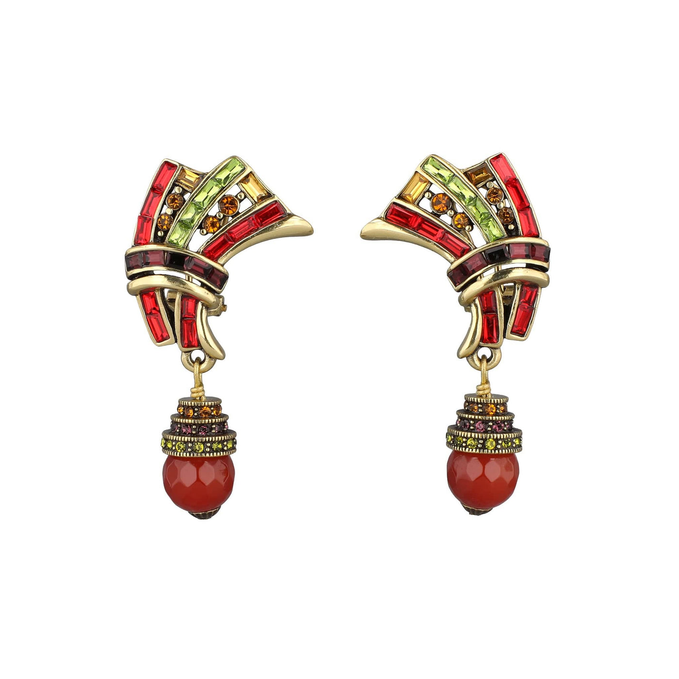 Pair of ornate earrings with red and gold design on a white background