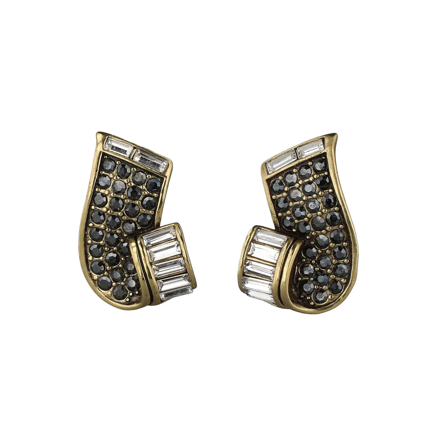 Pair of gold and black gemstone earrings on a white background