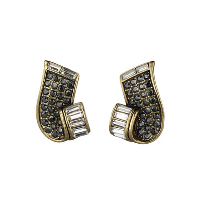 Pair of gold and black gemstone earrings on a white background