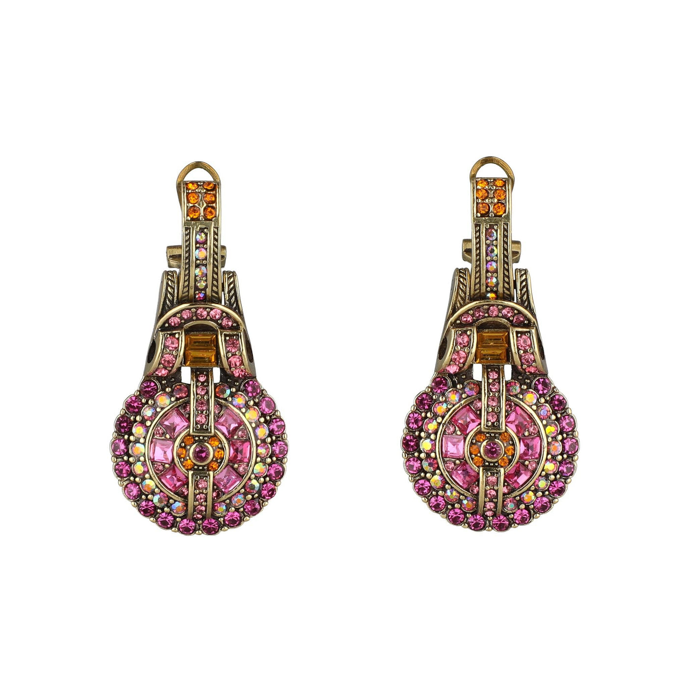 Pair of ornate earrings with pink and multicolor gemstones on a white background