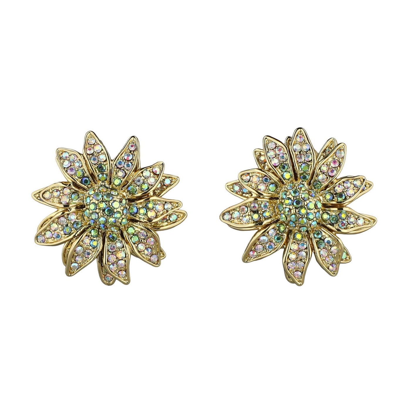 Pair of gold flower-shaped earrings with gemstones on a white background