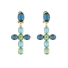 Pair of earrings with blue and green gemstones on a white background