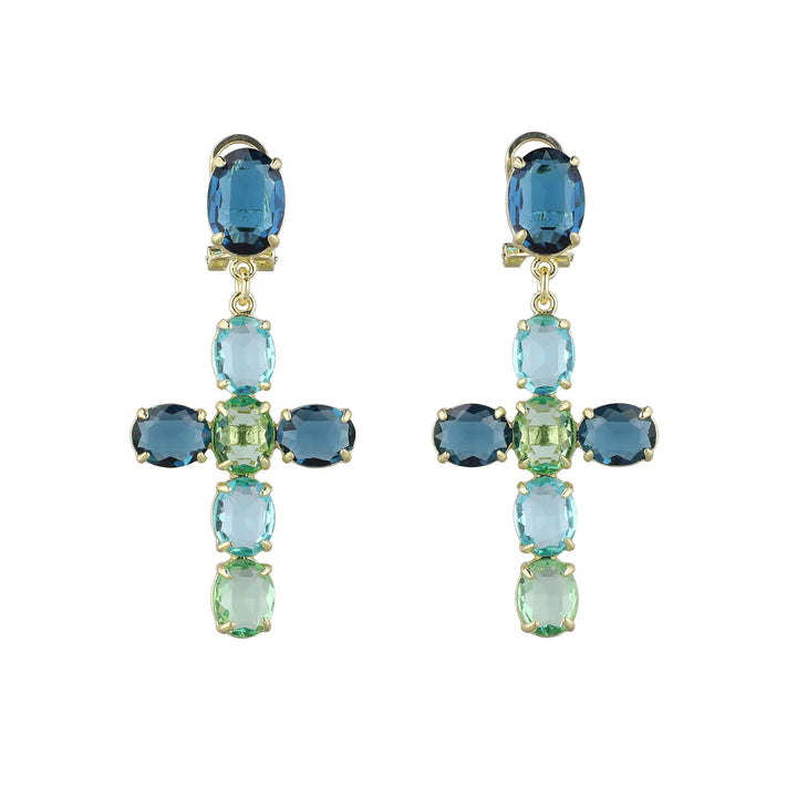 Pair of earrings with blue and green gemstones on a white background