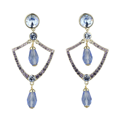 Pair of earrings with blue teardrop-shaped stones and gold accents on a white background