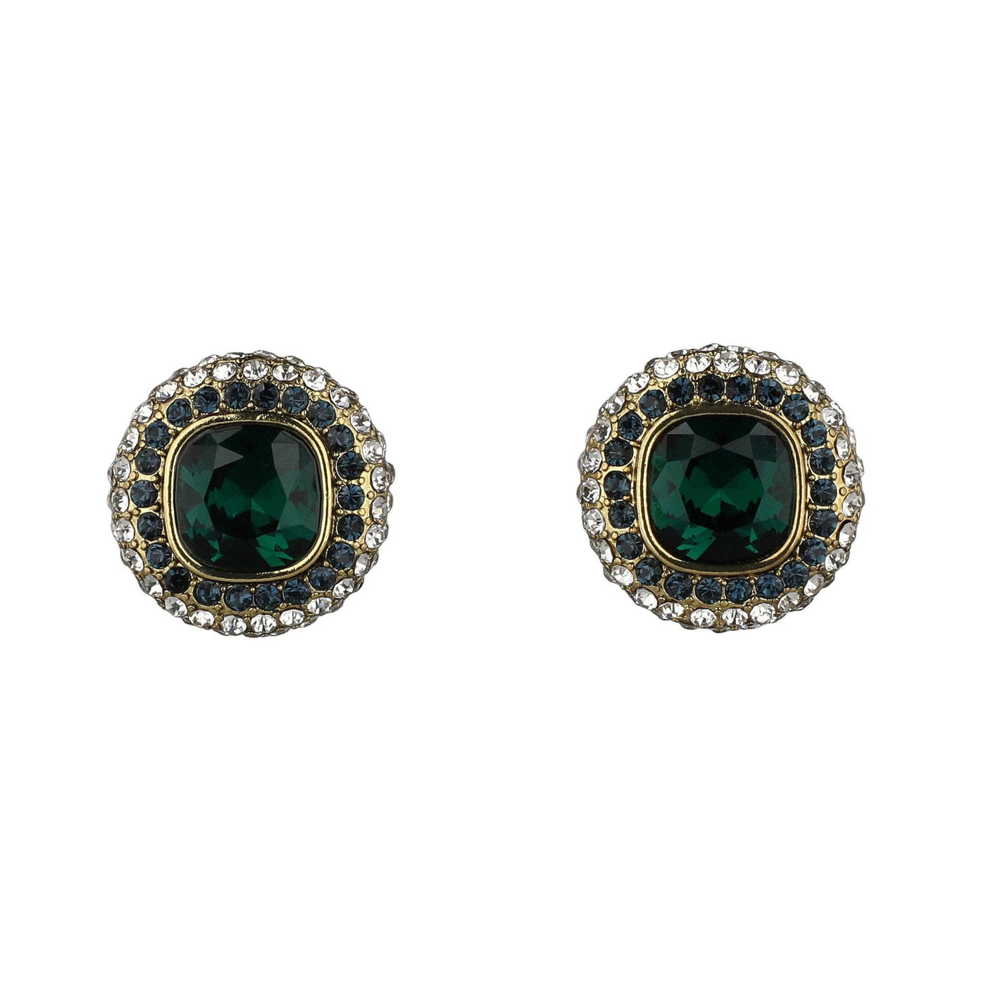 Pair of earrings with green gemstones and gold accents on a white background