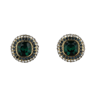 Pair of earrings with green gemstones and gold accents on a white background