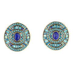 Pair of decorative earrings with blue gemstones on a white background