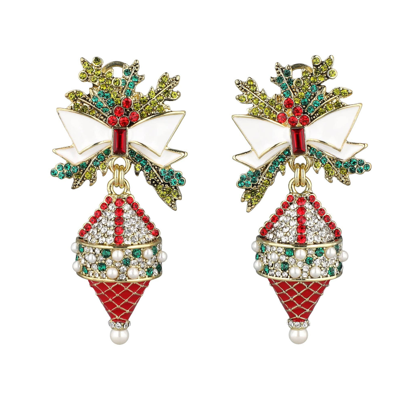 Decorative earrings with red, green, and white design on a white background