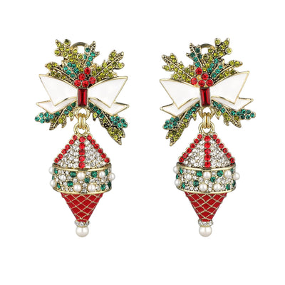 Decorative earrings with red, green, and white design on a white background