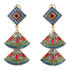 Colorful tiered earrings with gemstone-like stones on a white background