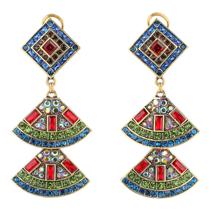 Colorful tiered earrings with gemstone-like stones on a white background