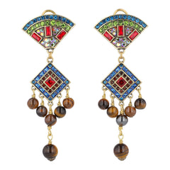 Colorful earrings with gemstones and beads on a white background