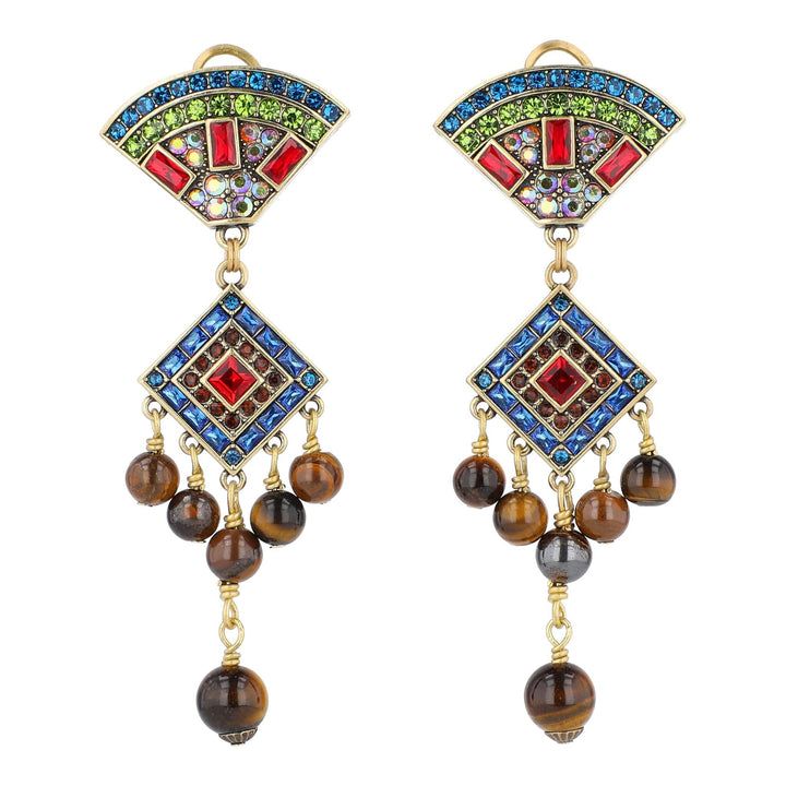 Colorful earrings with gemstones and beads on a white background