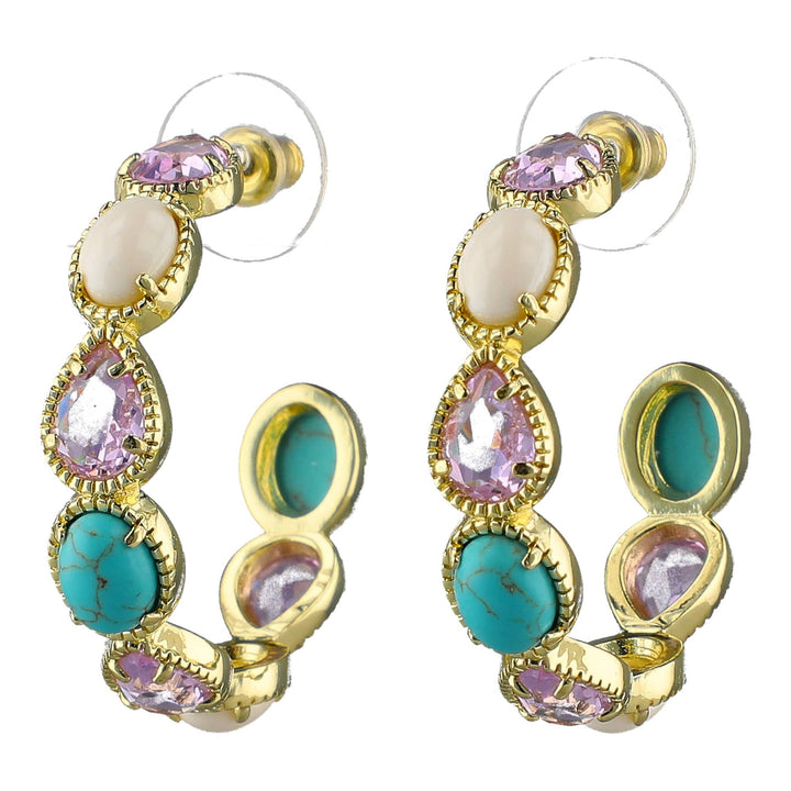 Gold hoop earrings with colorful gemstones on a white background