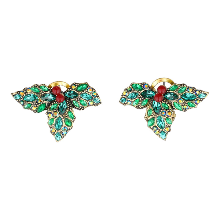 Pair of Holly Dazzle green crystal holly and red bead berry earrings