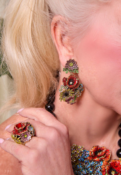 Closeup to Heidi Daus®"Wildflower Garden"  Crystal & Enamel Floral Dangle Earrings