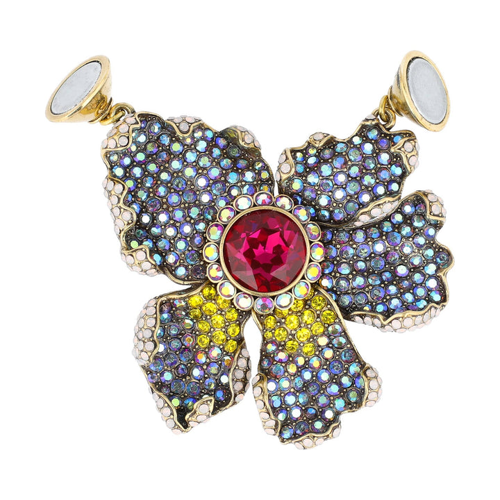 Multicolored gemstone flower pendant with gold accents on a white background