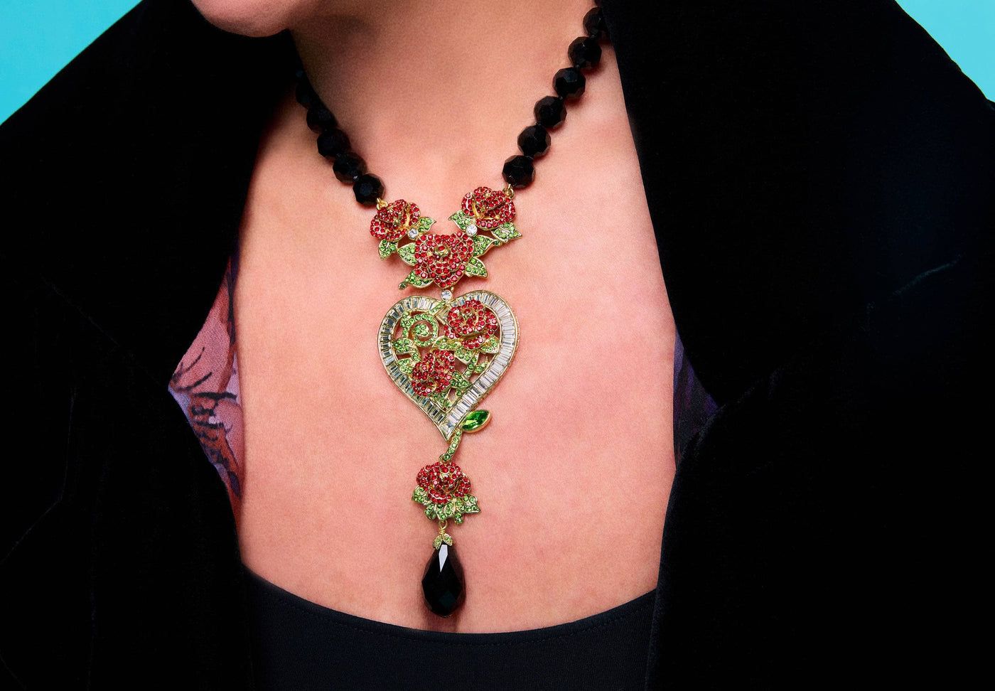 HEIDI DAUS®"Red Queen" Beaded Crystal Heart Floral Necklace