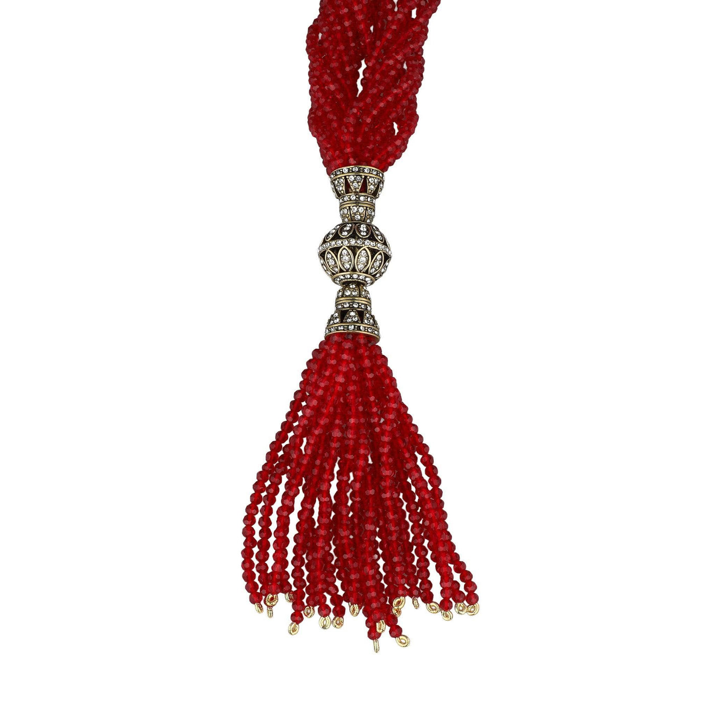 Red beaded tassel with a silver and gold accent on a white background