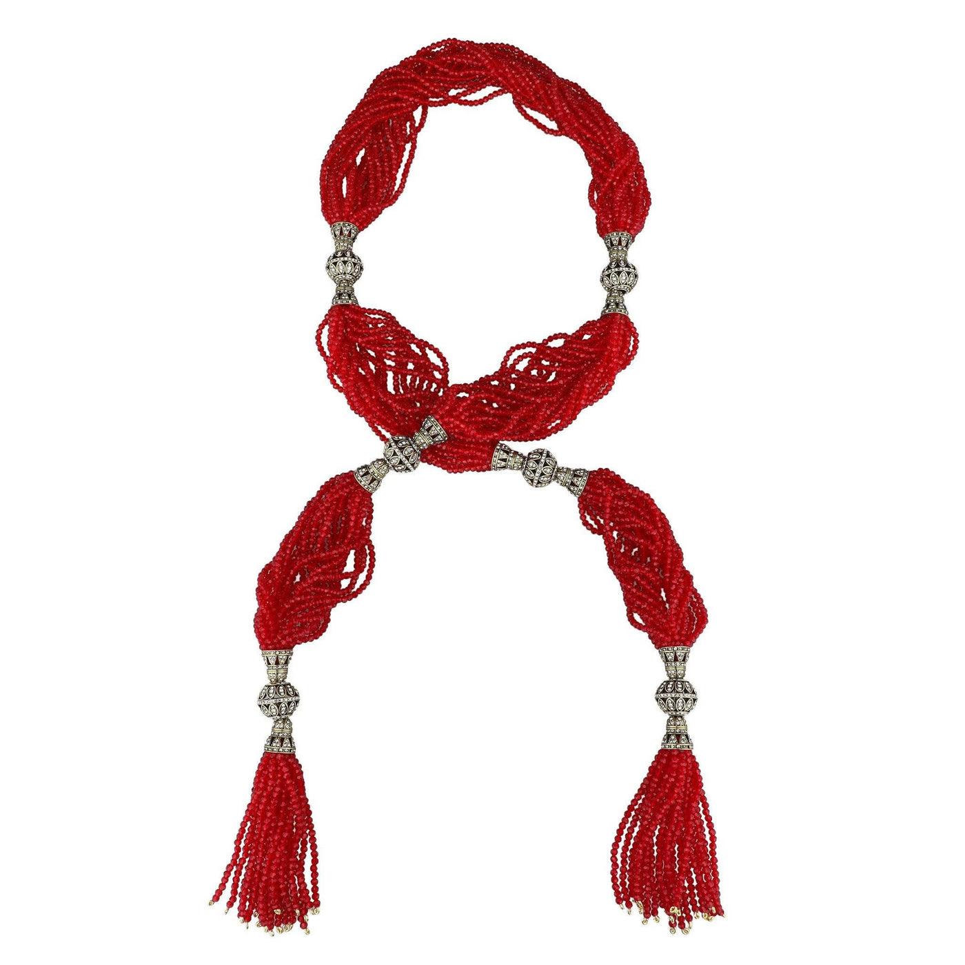 Red beaded necklace with tassels on a white background