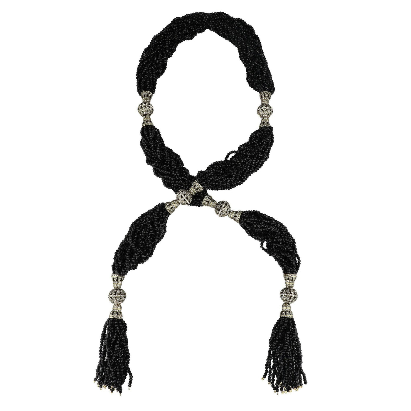 Black beaded necklace with tassels on a white background