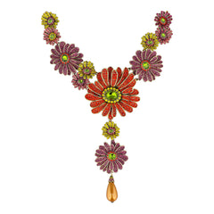 Colorful floral necklace with a central pendant on a white background