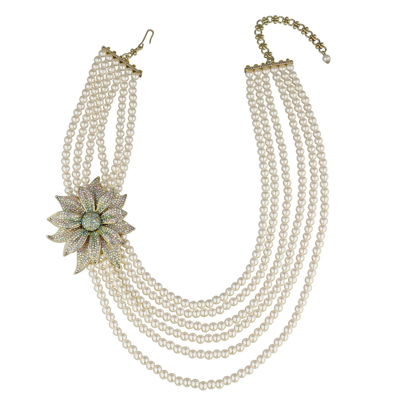 Multi-layered pearl necklace with a decorative flower pendant on a white background
