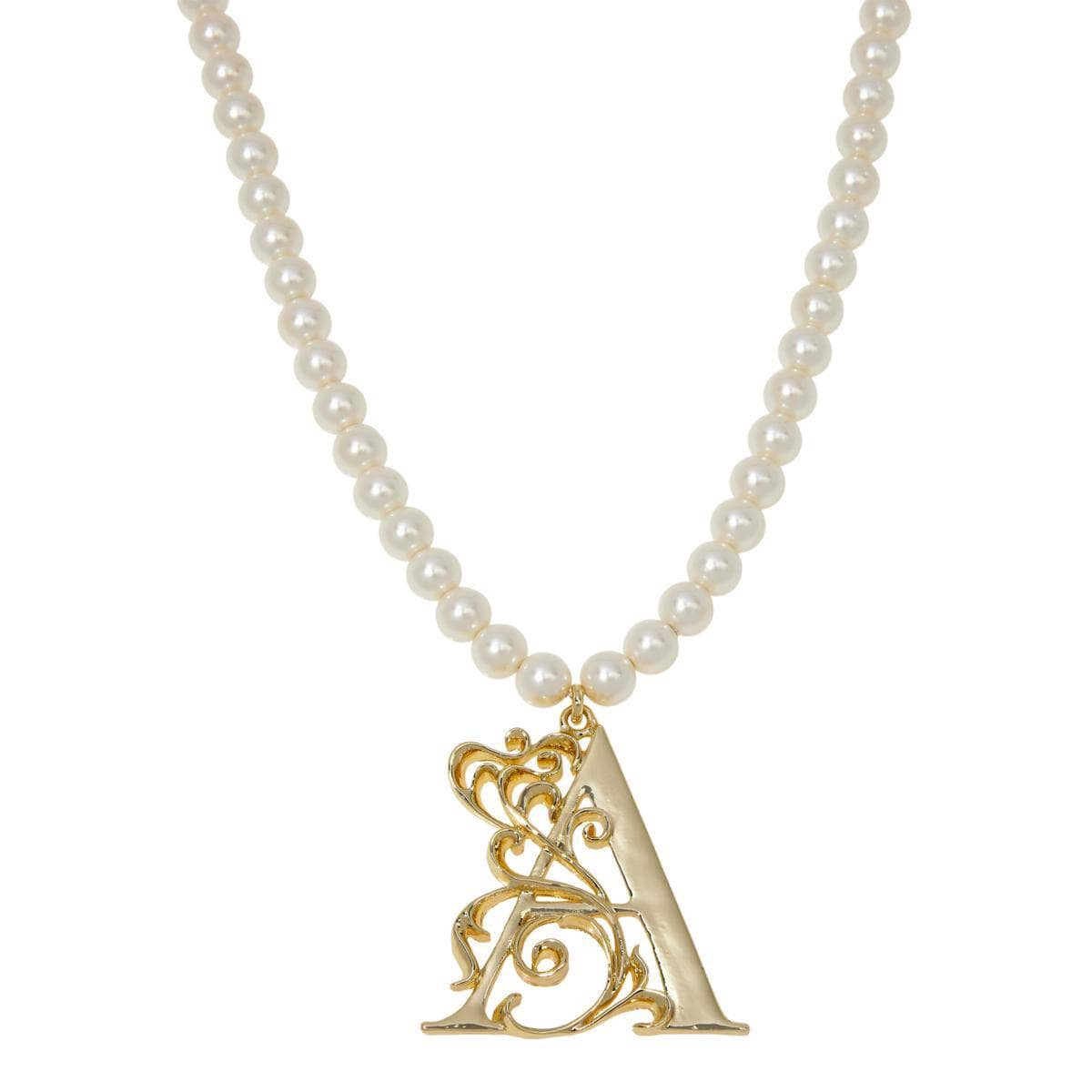 Pearl necklace with a gold 'A' pendant on a white background