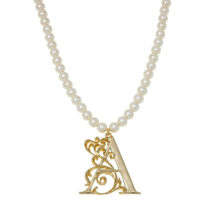 Pearl necklace with a gold 'A' pendant on a white background