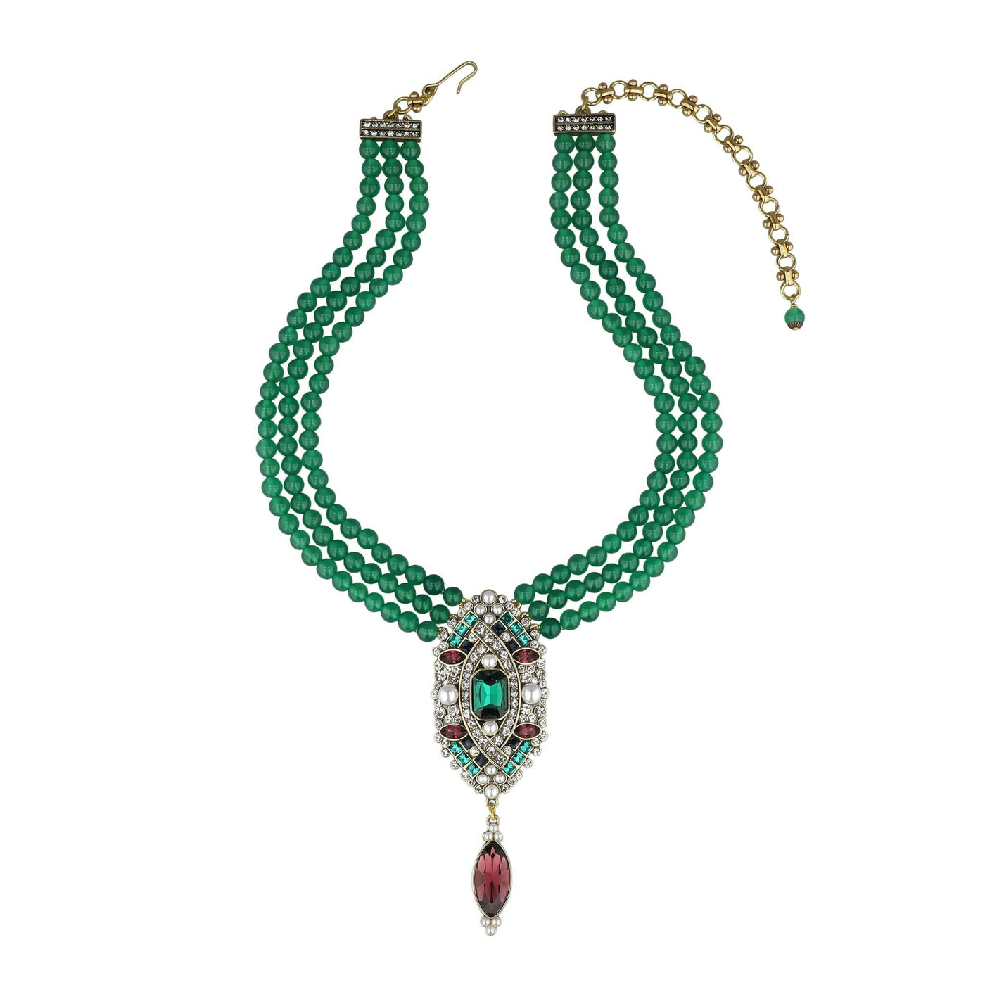 Green beaded necklace with a decorative pendant on a white background