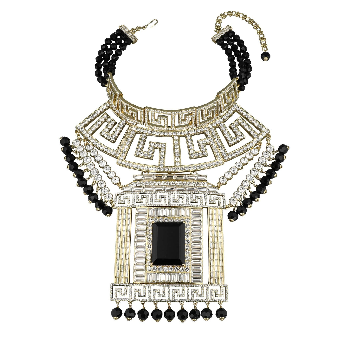 Ornate necklace with black beads and a central black stone on a white background