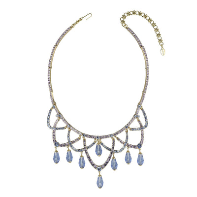 Necklace with blue teardrop pendants and gold accents on a white background
