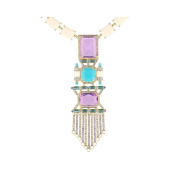 Elegant necklace with colorful gemstones on a white background
