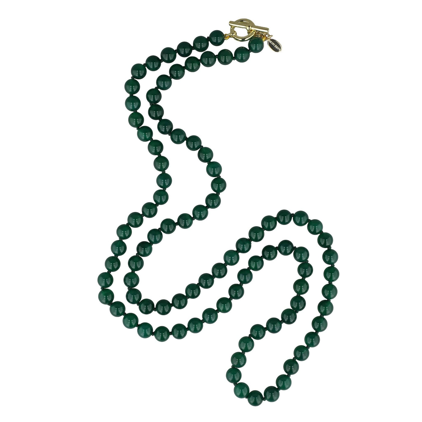 Green beaded necklace with a gold clasp on a white background