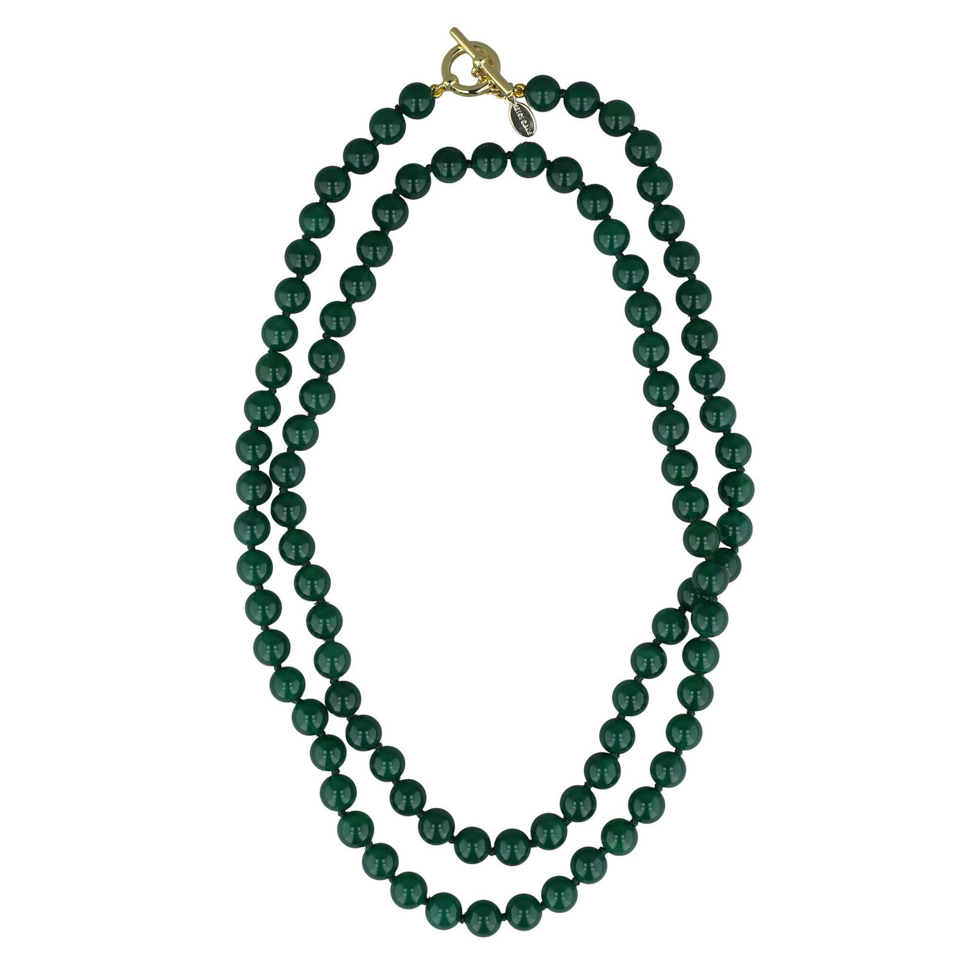 Green beaded necklace with a gold clasp on a white background