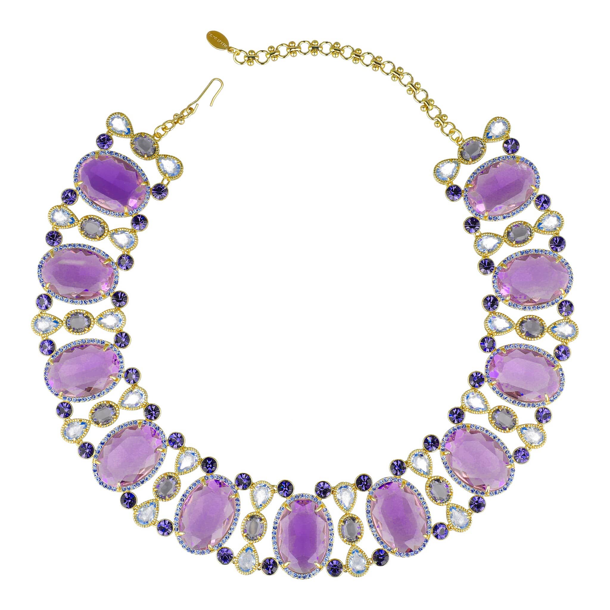 Necklace with purple stones and gold accents on a white background