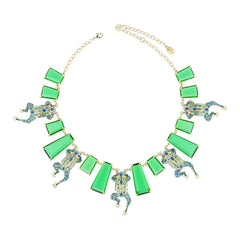 Necklace with green rectangular pendants and decorative elements on a white background