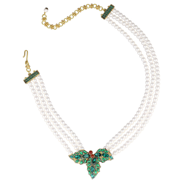 White beaded Holly Dazzle necklace with green crystal holly and red bead berries
